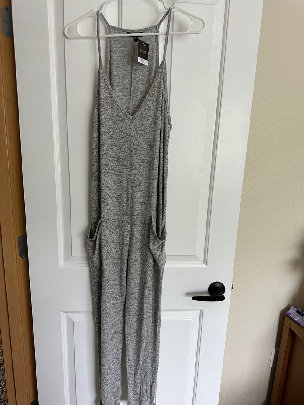 Topshop Gray Sleeveless V-Neck Jumpsuit with Pockets